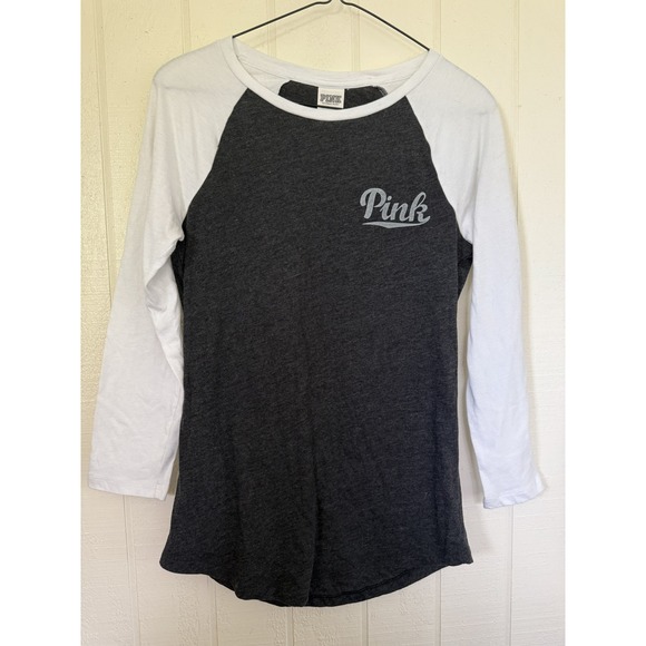 Victoria's Secret PINK Tops - PINK Victoria's Secret Raglan Baseball Tee Gray White Glitter Logo XS